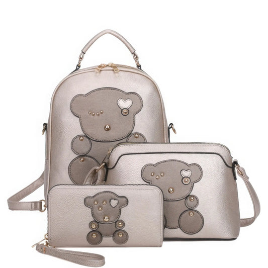 Gold 3in1 Cute Bear Design Handle Backpack W Crossbody And Wallet Set