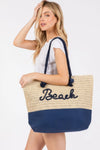 Navy Color Sewn Rope Beach Letter And Strap Crochet Fabric Tote Bag