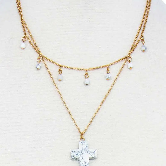 White Double Layered Cross Pendant Chain Necklace