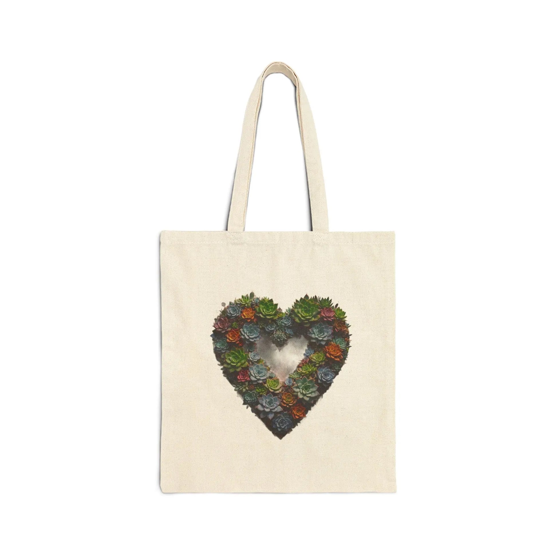 Natural / 15" x 16" Heart Succulent Cotton Canvas Tote Bag