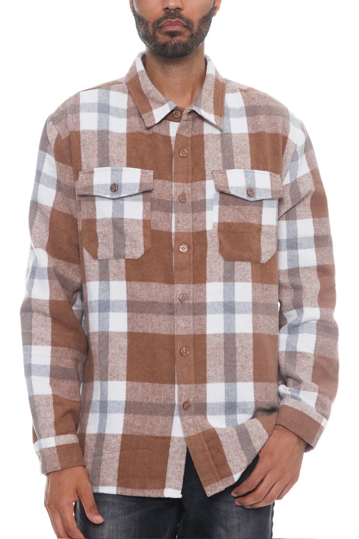 S Men's Checkered Soft Flannel Shacket - Mocha/Grey