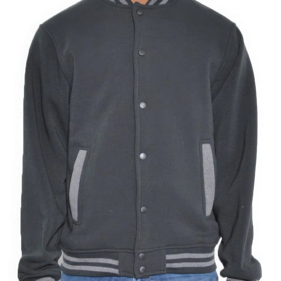 Mens Fleece Snap Button Varsity Jacket-Black/Charcoal