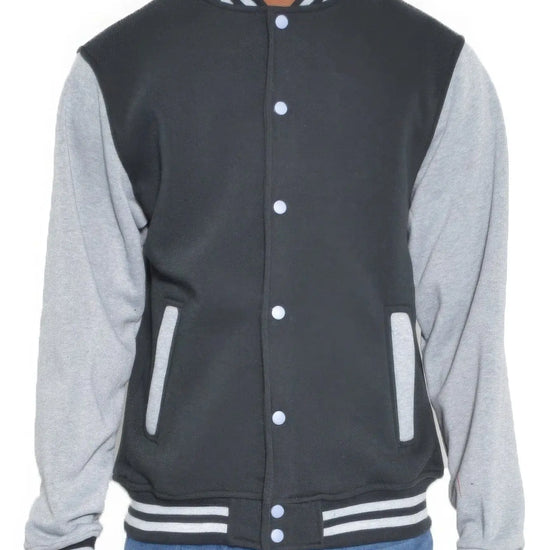 Mens Fleece Snap Button Varsity Jacket-Black/Grey
