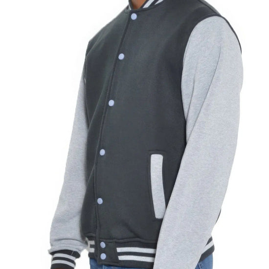 Mens Fleece Snap Button Varsity Jacket-Black/Grey