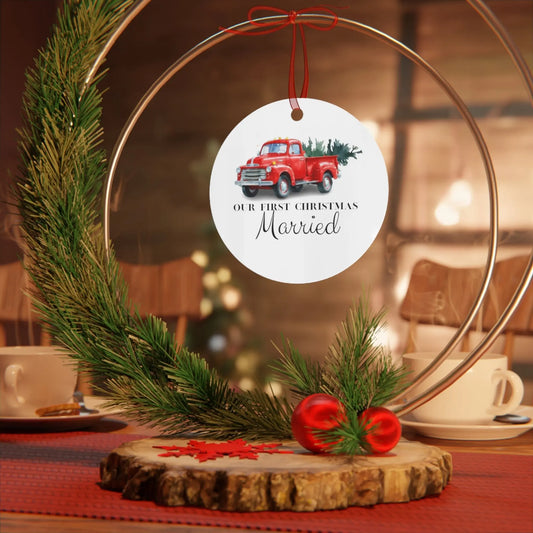 BASIC No Name or Date- Our First Christmas Married Metal Ornament