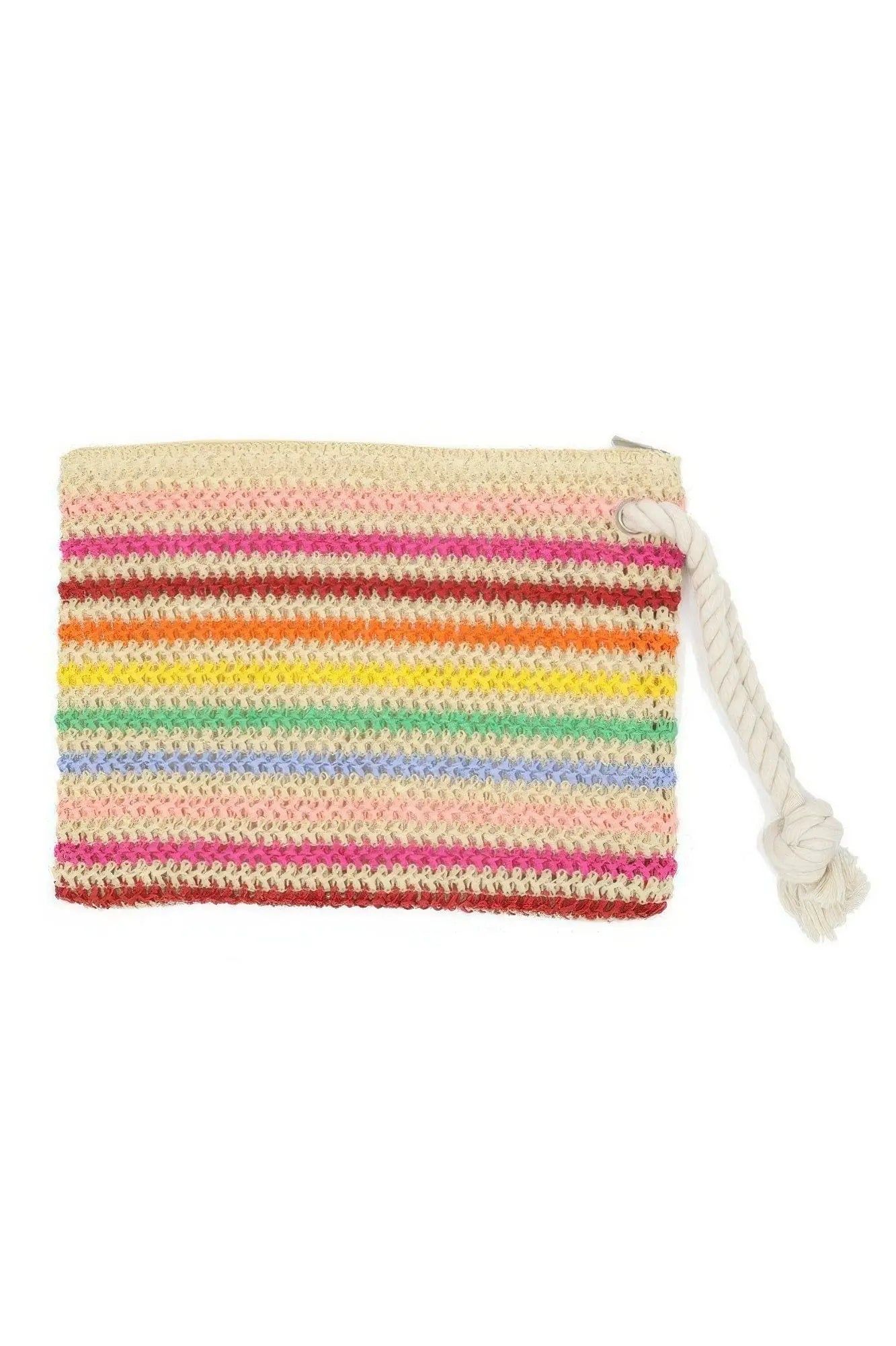 Green Rope Handle Multicolor Striped Straw Crochet Pouch