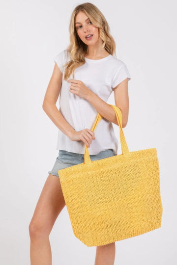 Beige Solid Crochet Straw Bag