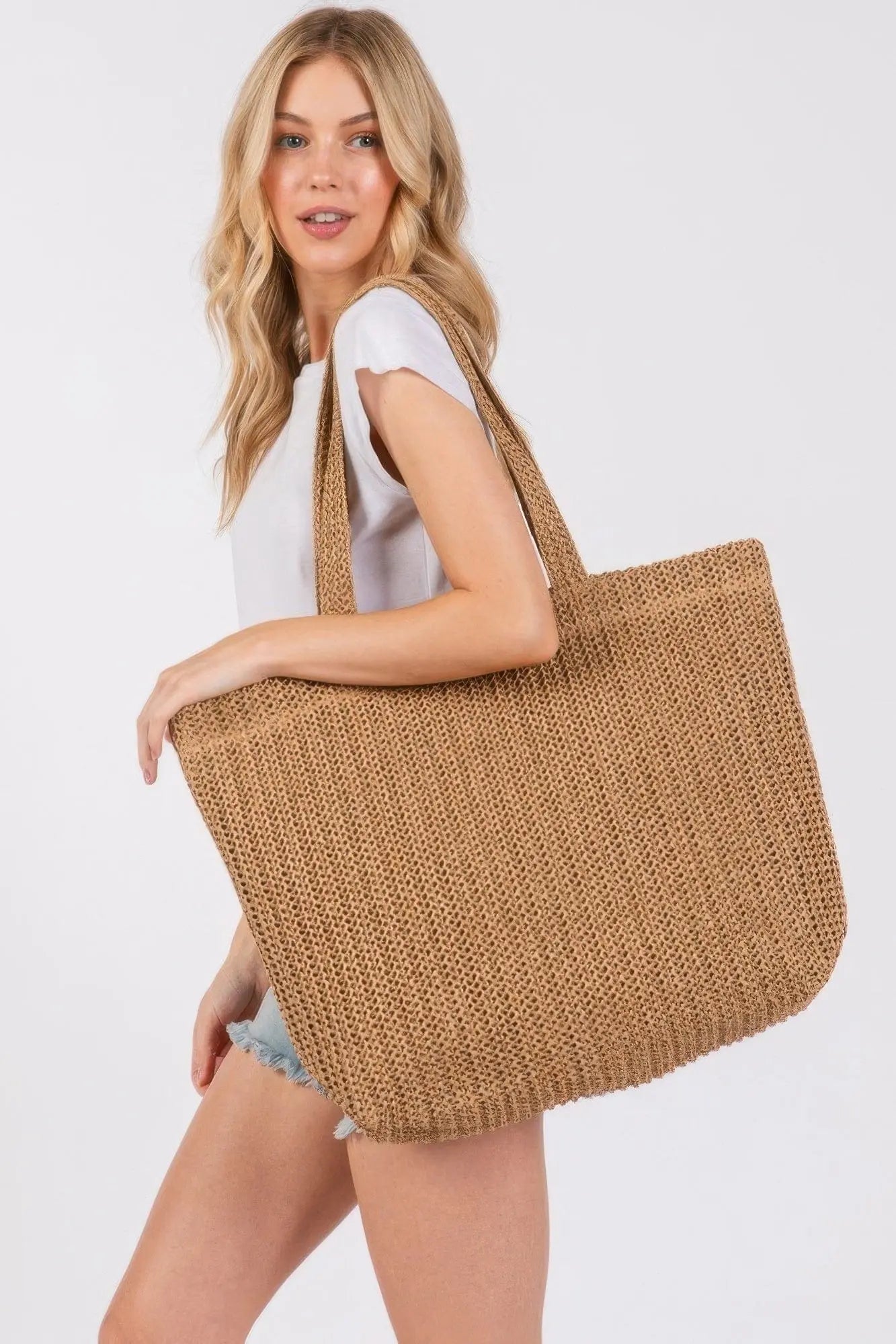 Taupe Solid Crochet Straw Bag