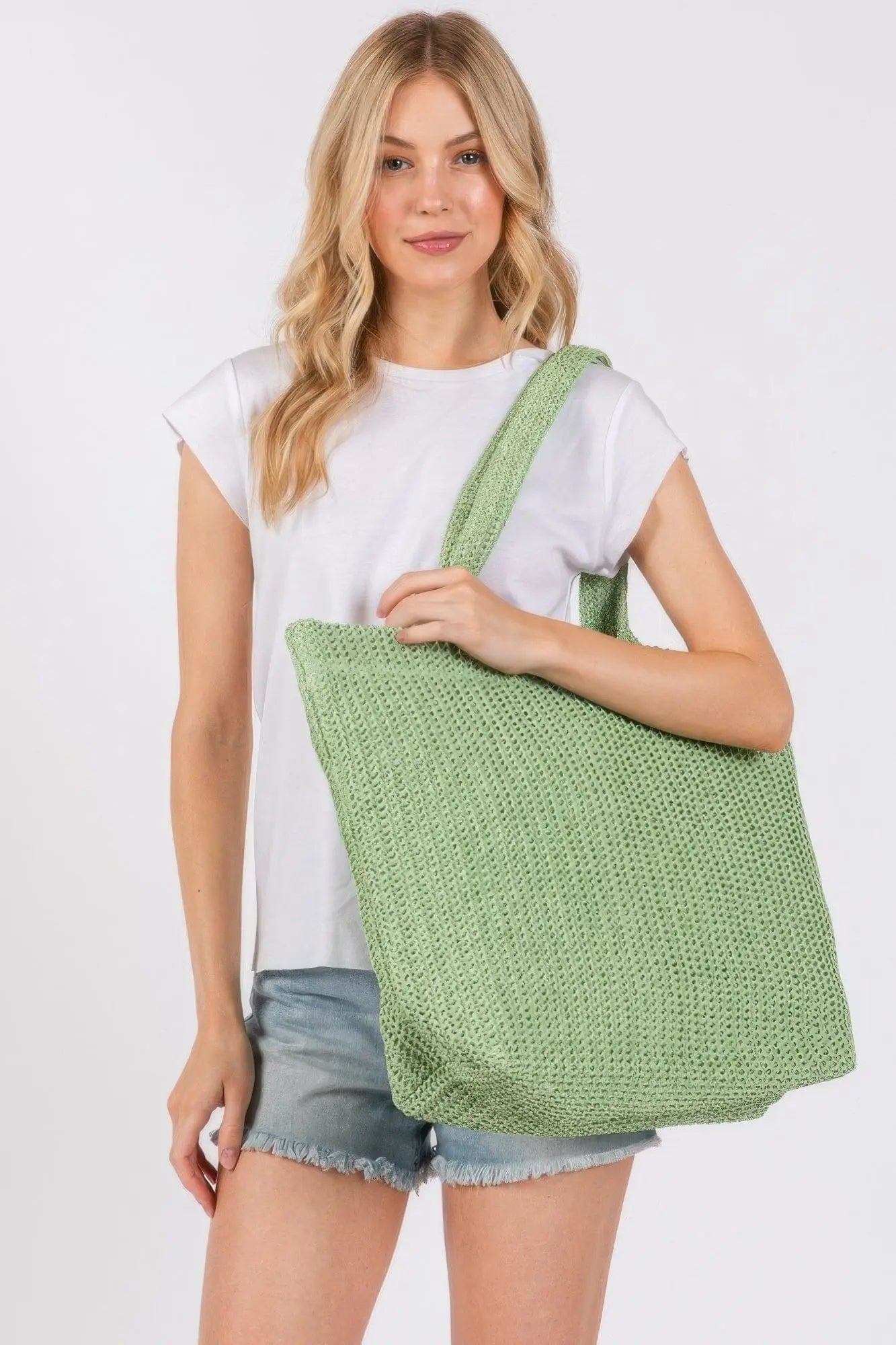 Olive Solid Crochet Straw Bag