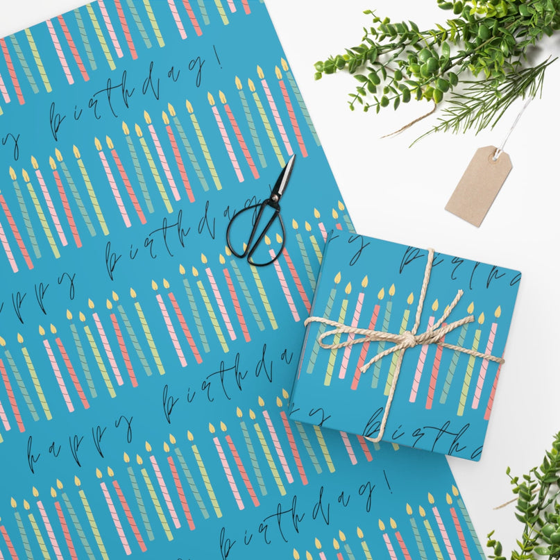 24" × 36" / Turquoise Happy Birthday Wrapping Paper