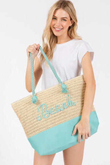 Blue Color Sewn Rope Beach Letter And Strap Crochet Fabric Tote Bag