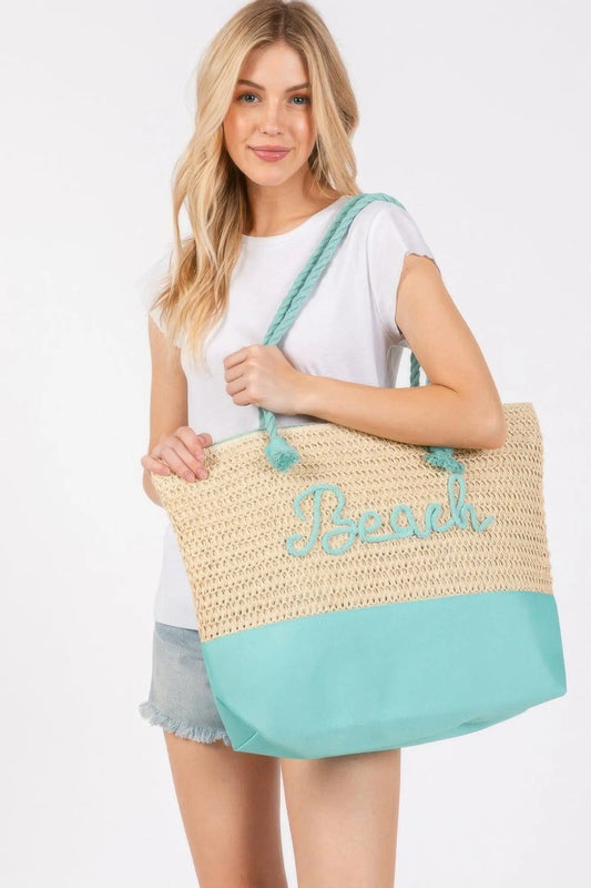 Color Sewn Rope Beach Letter And Strap Crochet Fabric Tote Bag