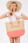 Coral Color Sewn Rope Beach Letter And Strap Crochet Fabric Tote Bag