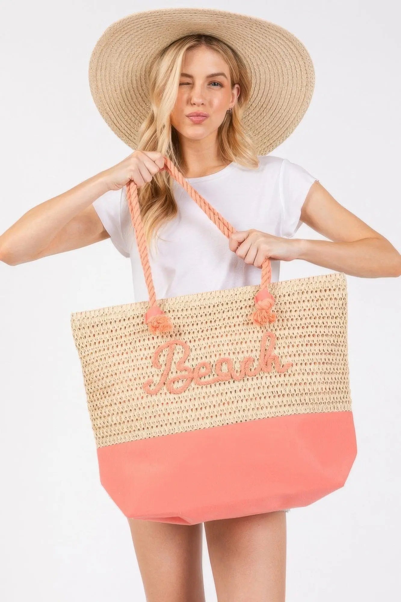 Coral Color Sewn Rope Beach Letter And Strap Crochet Fabric Tote Bag