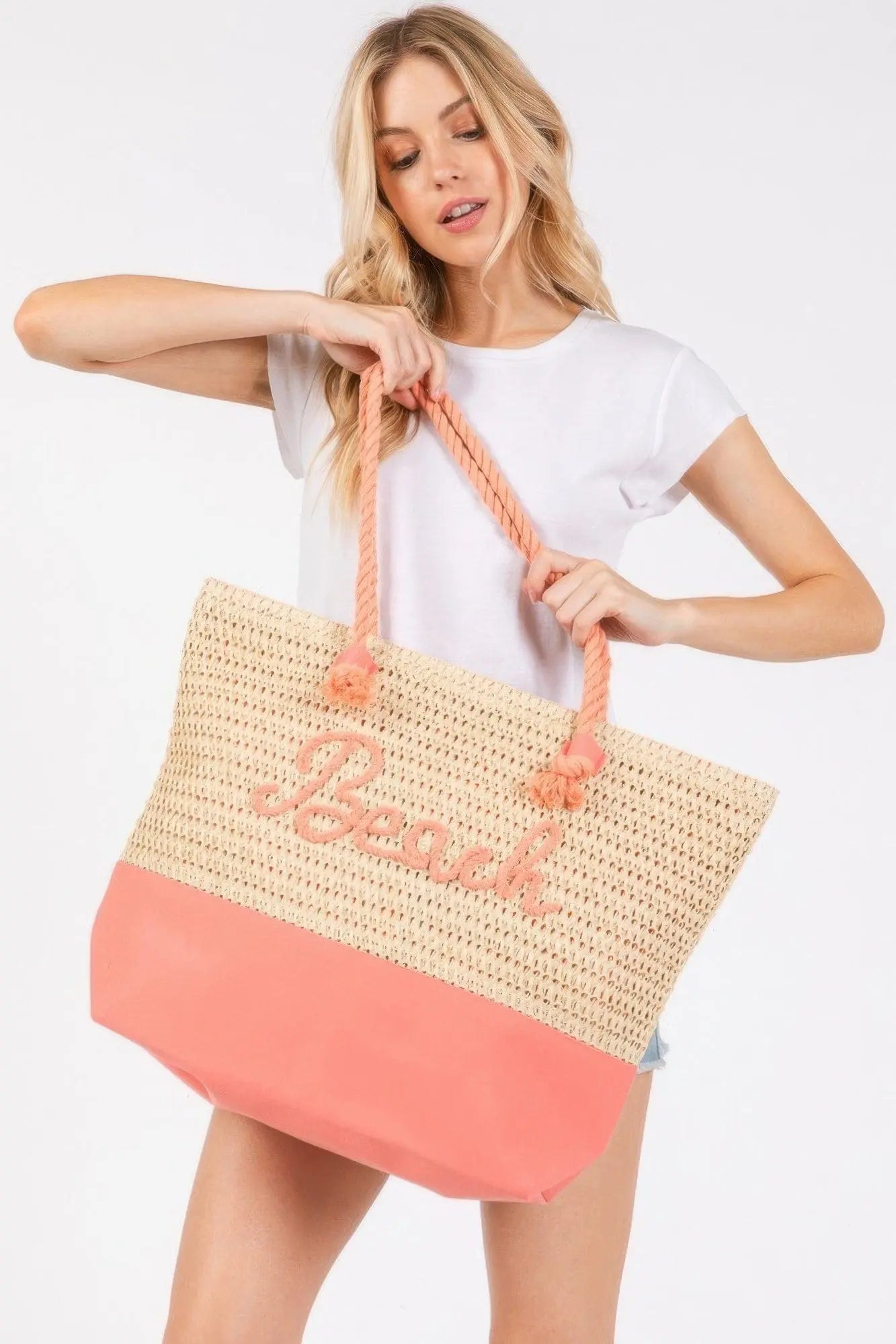 Color Sewn Rope Beach Letter And Strap Crochet Fabric Tote Bag