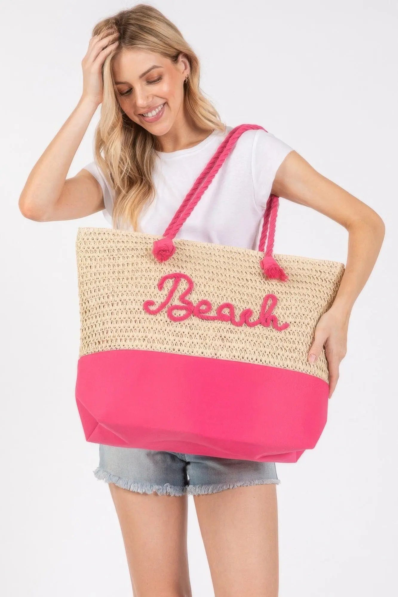 Hot pink Color Sewn Rope Beach Letter And Strap Crochet Fabric Tote Bag