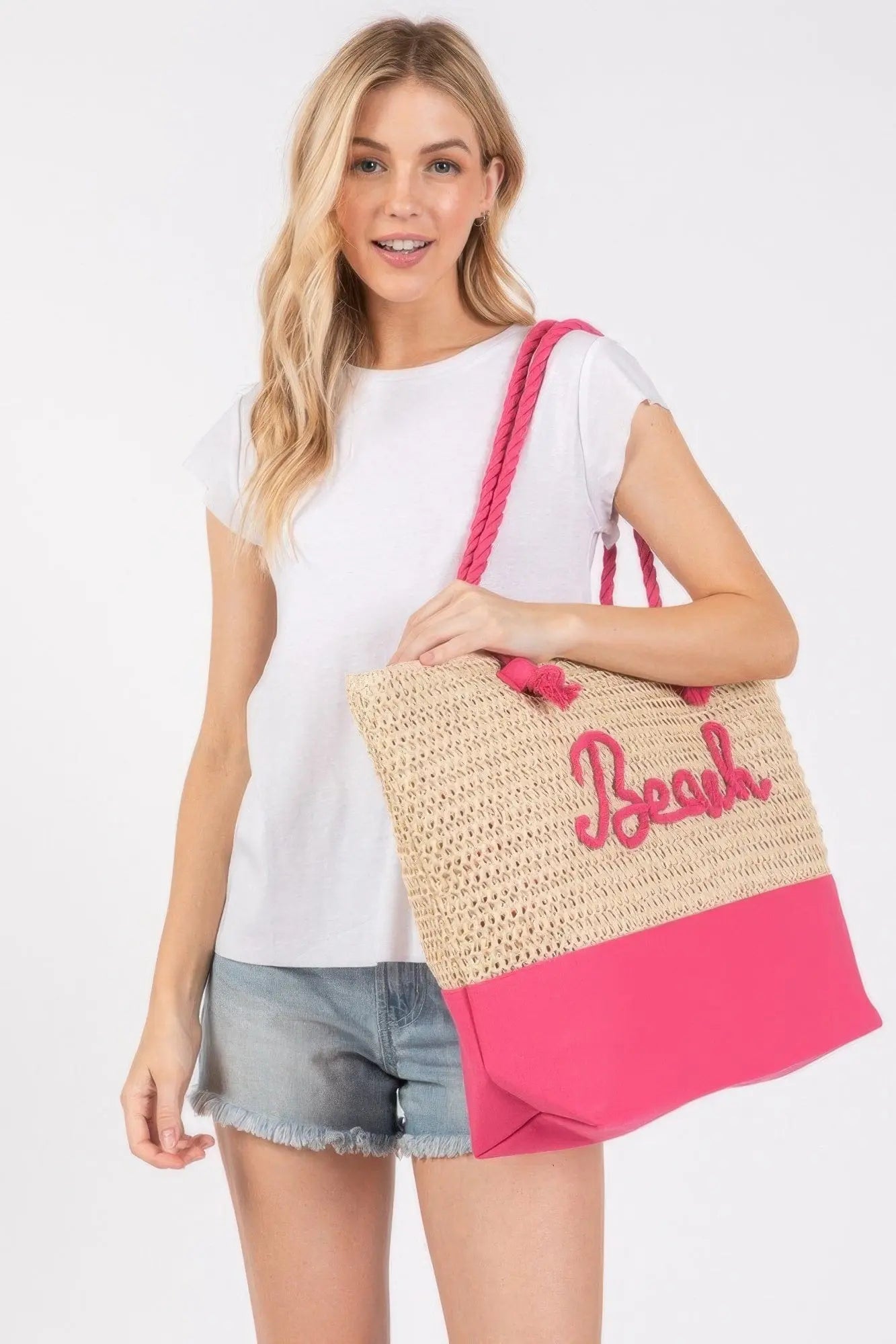 Color Sewn Rope Beach Letter And Strap Crochet Fabric Tote Bag