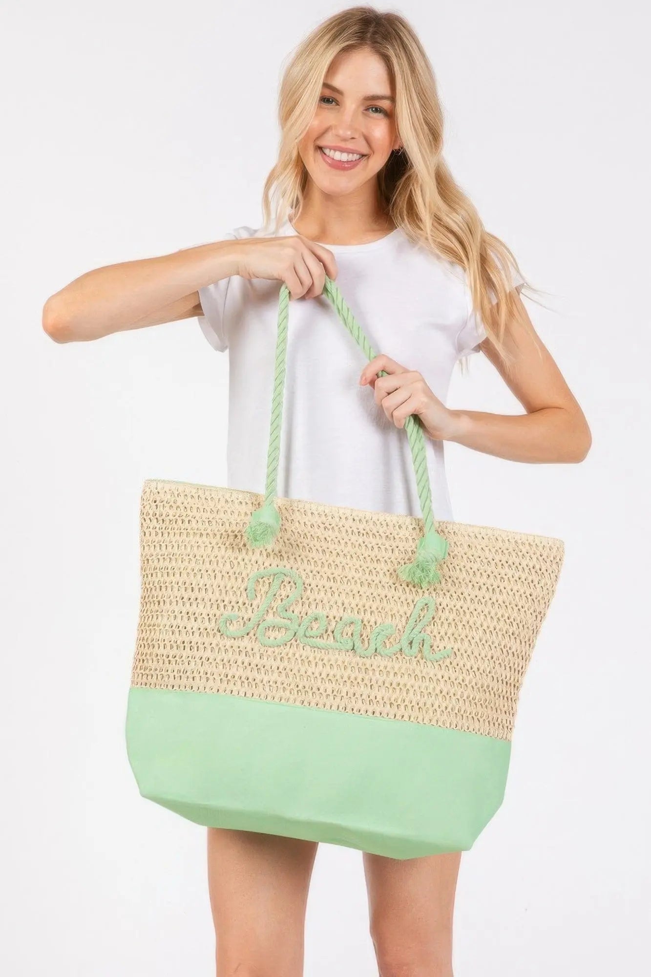 Green Color Sewn Rope Beach Letter And Strap Crochet Fabric Tote Bag