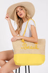 Yellow Color Sewn Rope Beach Letter And Strap Crochet Fabric Tote Bag