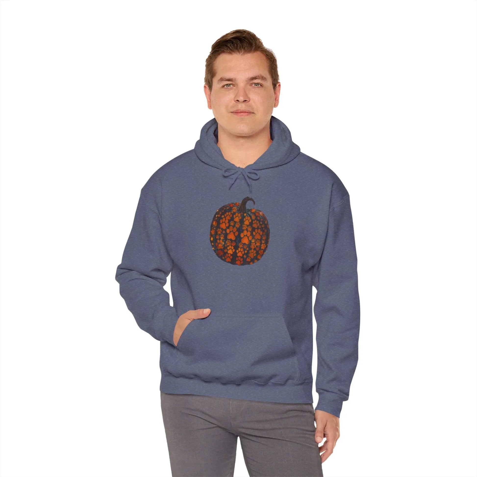 Heather Navy / S Dog Paw Pumpkin Unisex Heavy Blend™ Hooded Sweatshirt