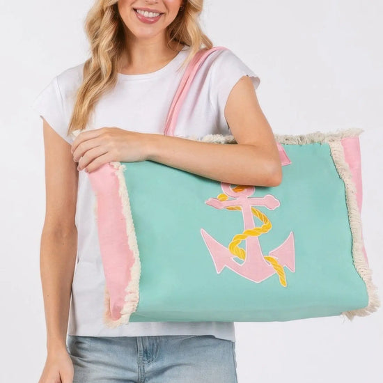 Anchor Embroidered Anchor Patch Fringe Tote Bag