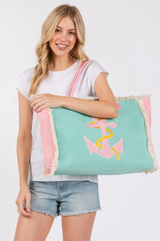 Anchor Embroidered Anchor Patch Fringe Tote Bag
