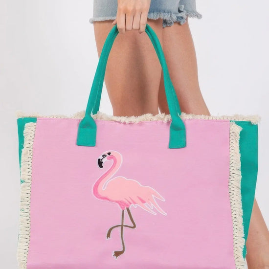 Flamingos Embroidered Anchor Patch Fringe Tote Bag