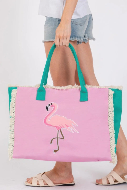 Flamingos Embroidered Anchor Patch Fringe Tote Bag