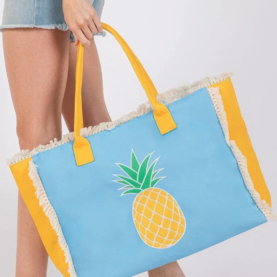 Pineapple Embroidered Anchor Patch Fringe Tote Bag