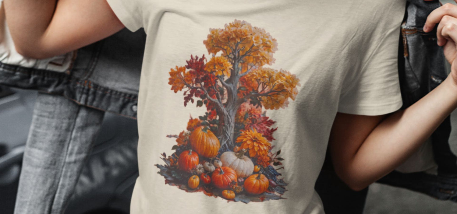 Person wearing a t-shirt with an autumn-themed design featuring pumpkins and leaves.