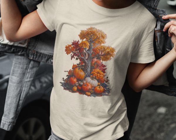 Person wearing a white t-shirt with a colorful autumn-themed design featuring pumpkins and leaves.