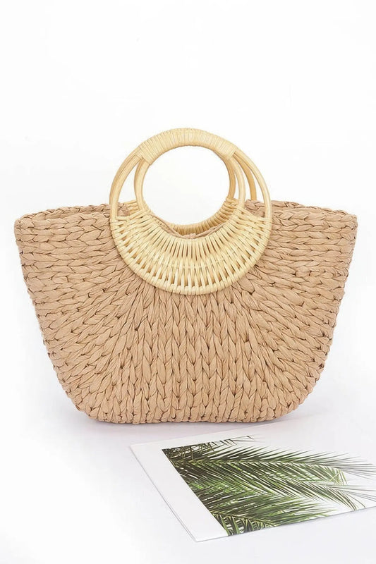 Khaki Faux Straw Bamboo Handle Tote Bag