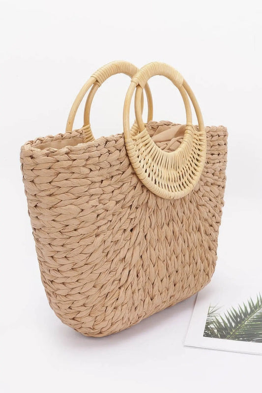 Khaki Faux Straw Bamboo Handle Tote Bag