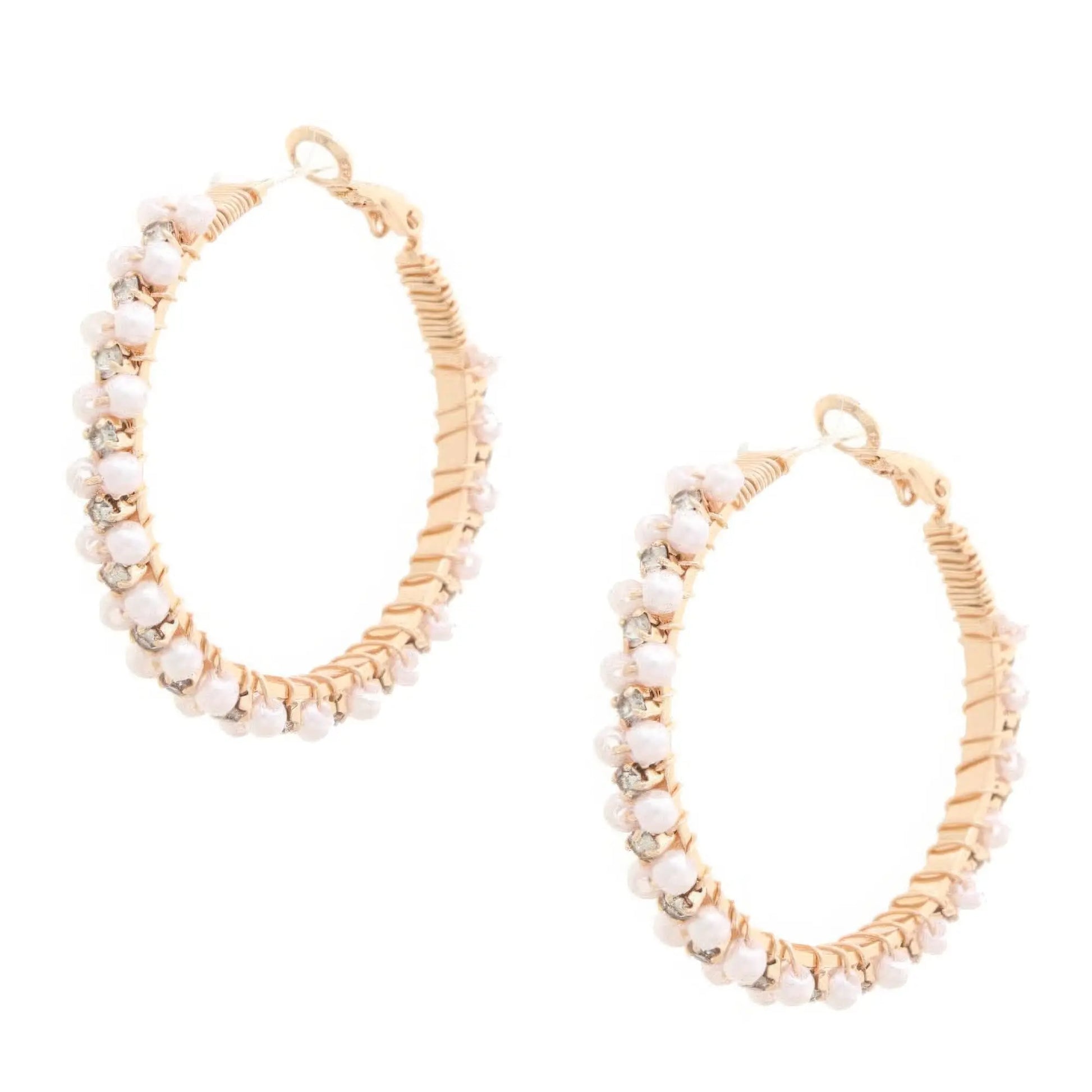 Gold Pearl Bead Rhinestone Wire Wrapped Hoop Earring