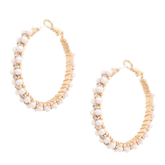 Gold Pearl Bead Rhinestone Wire Wrapped Hoop Earring