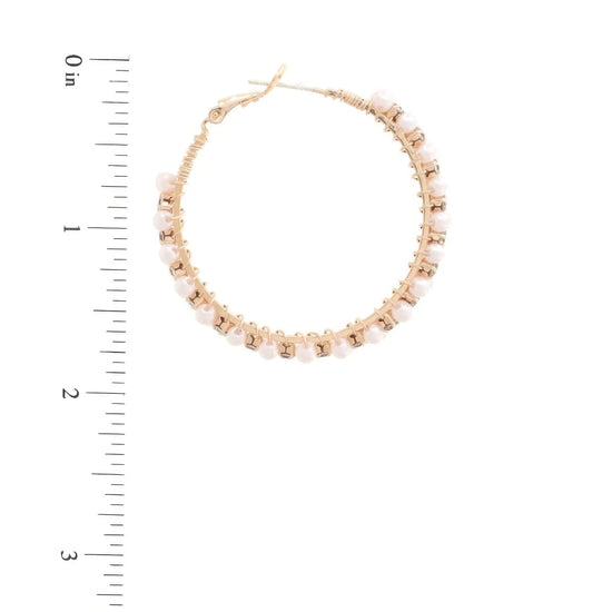 Gold Pearl Bead Rhinestone Wire Wrapped Hoop Earring