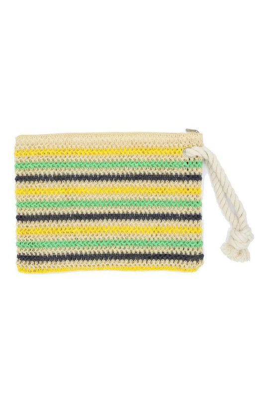 Green Rope Handle Multicolor Striped Straw Crochet Pouch