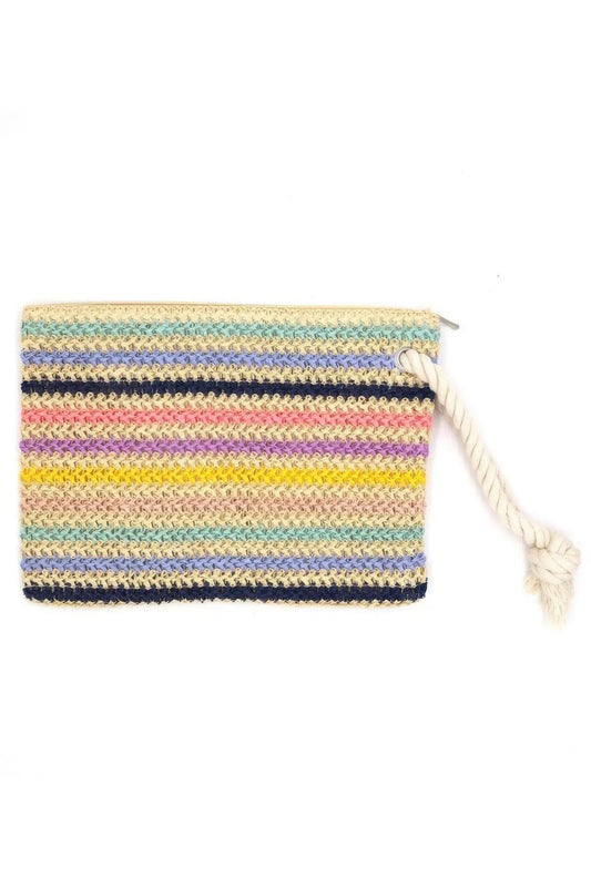Green Rope Handle Multicolor Striped Straw Crochet Pouch
