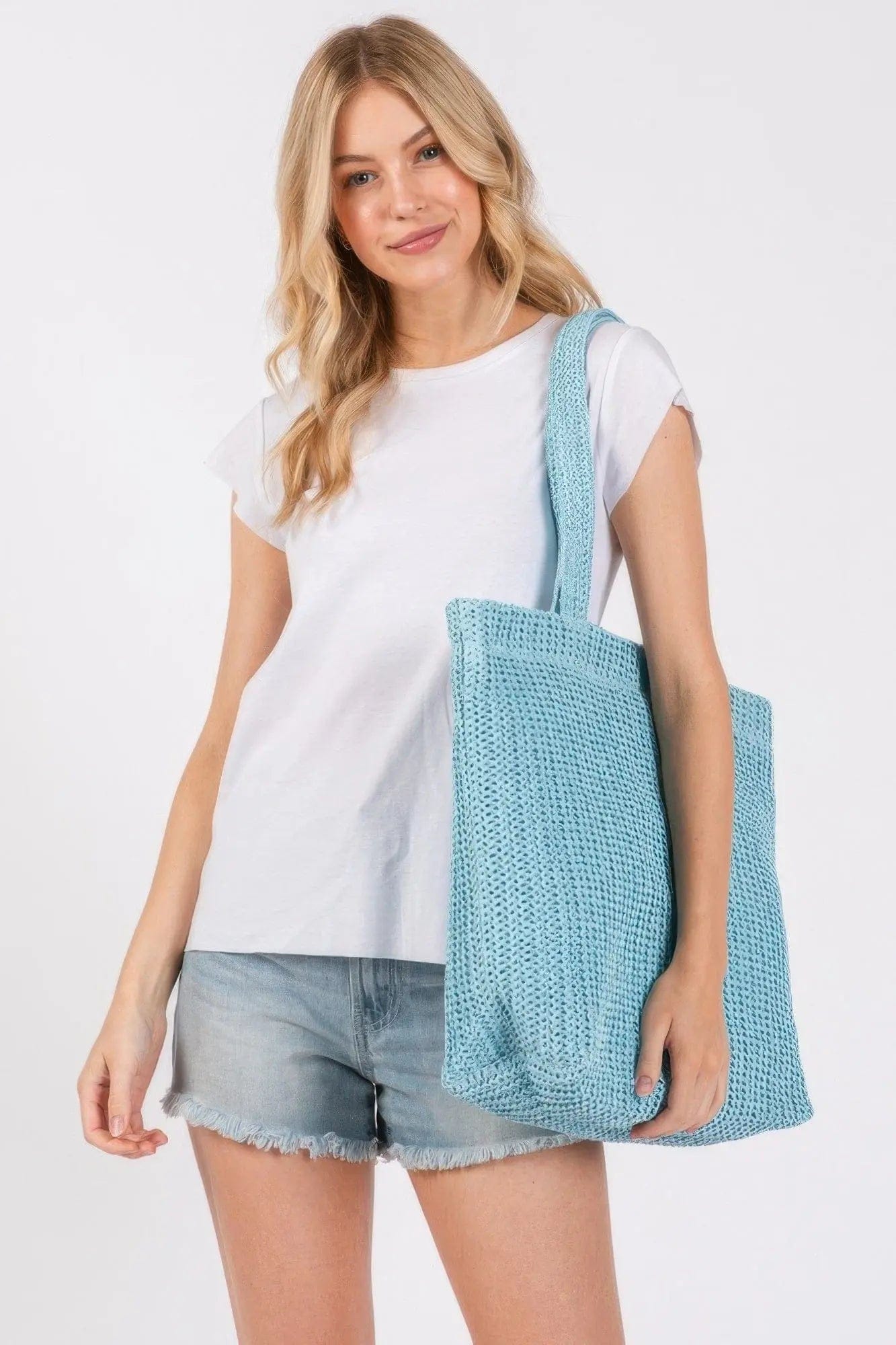 AnchorFinds.com Bags Blue Solid Crochet Straw Bag