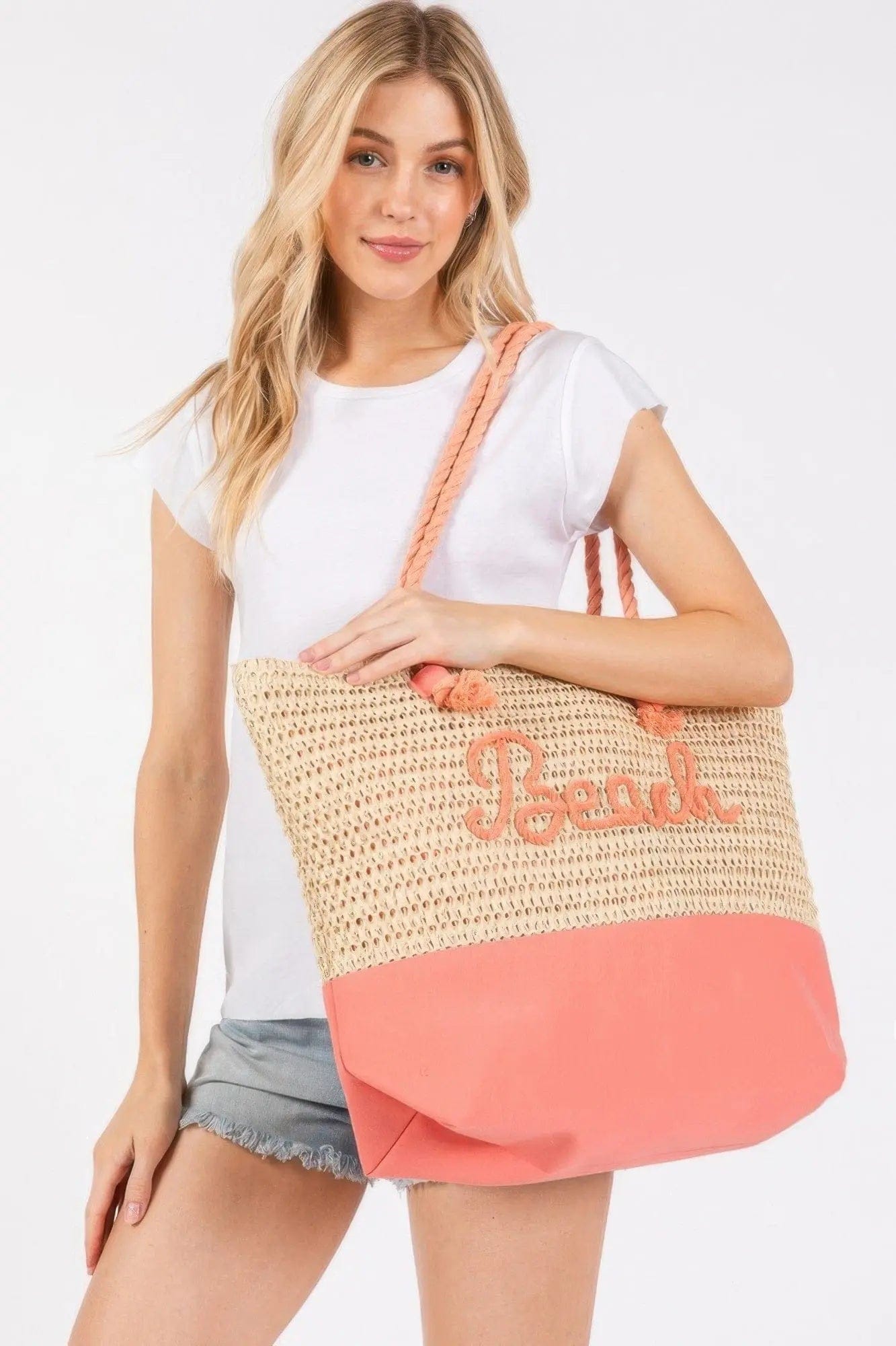 AnchorFinds.com Bags Color Sewn Rope Beach Letter And Strap Crochet Fabric Tote Bag