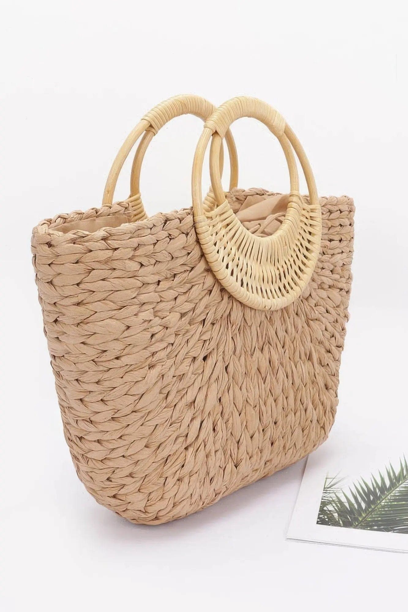 AnchorFinds.com Bags Khaki Faux Straw Bamboo Handle Tote Bag