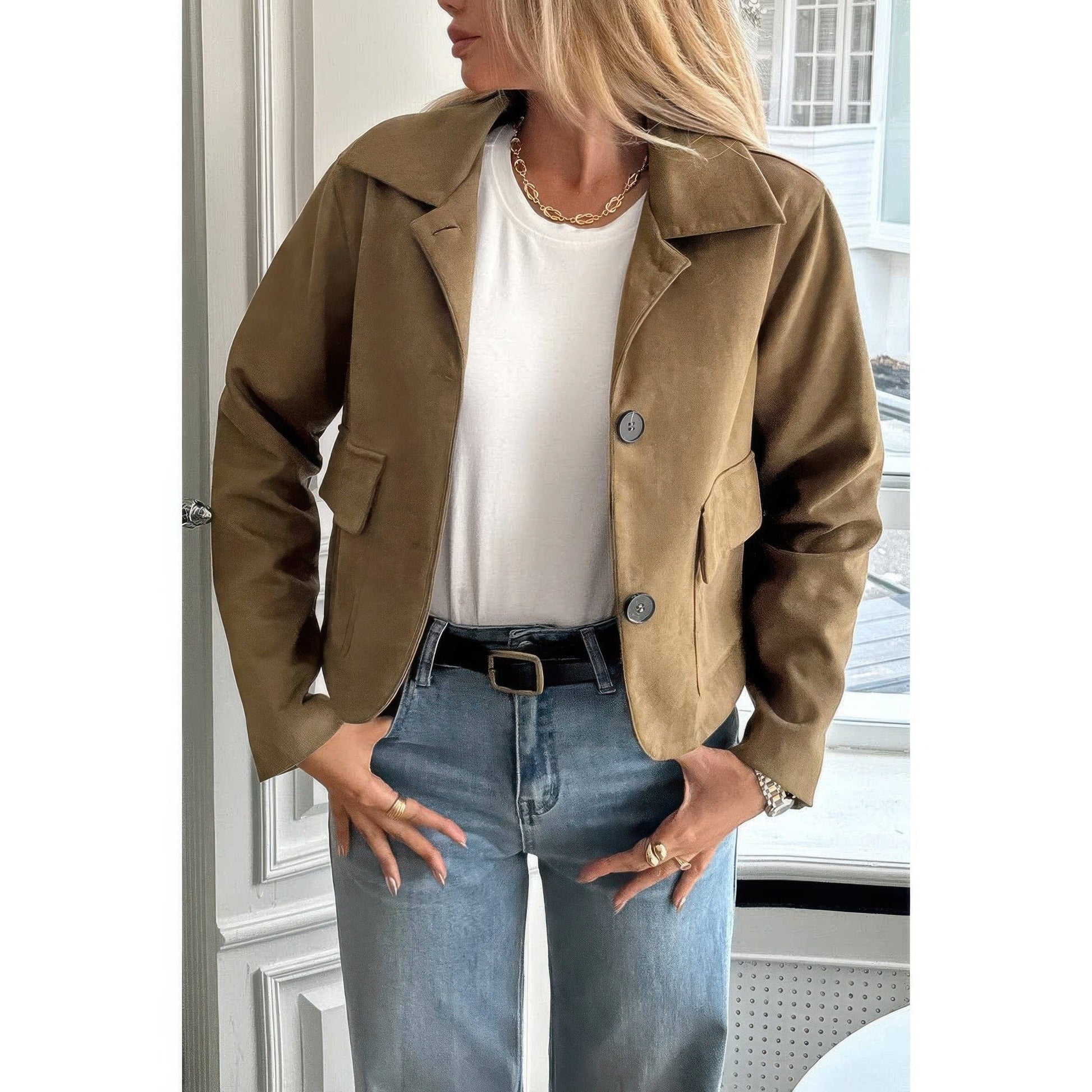 AnchorFinds.com Coffee / S Solid Suit Lapel Faux Suede Leather Jacket