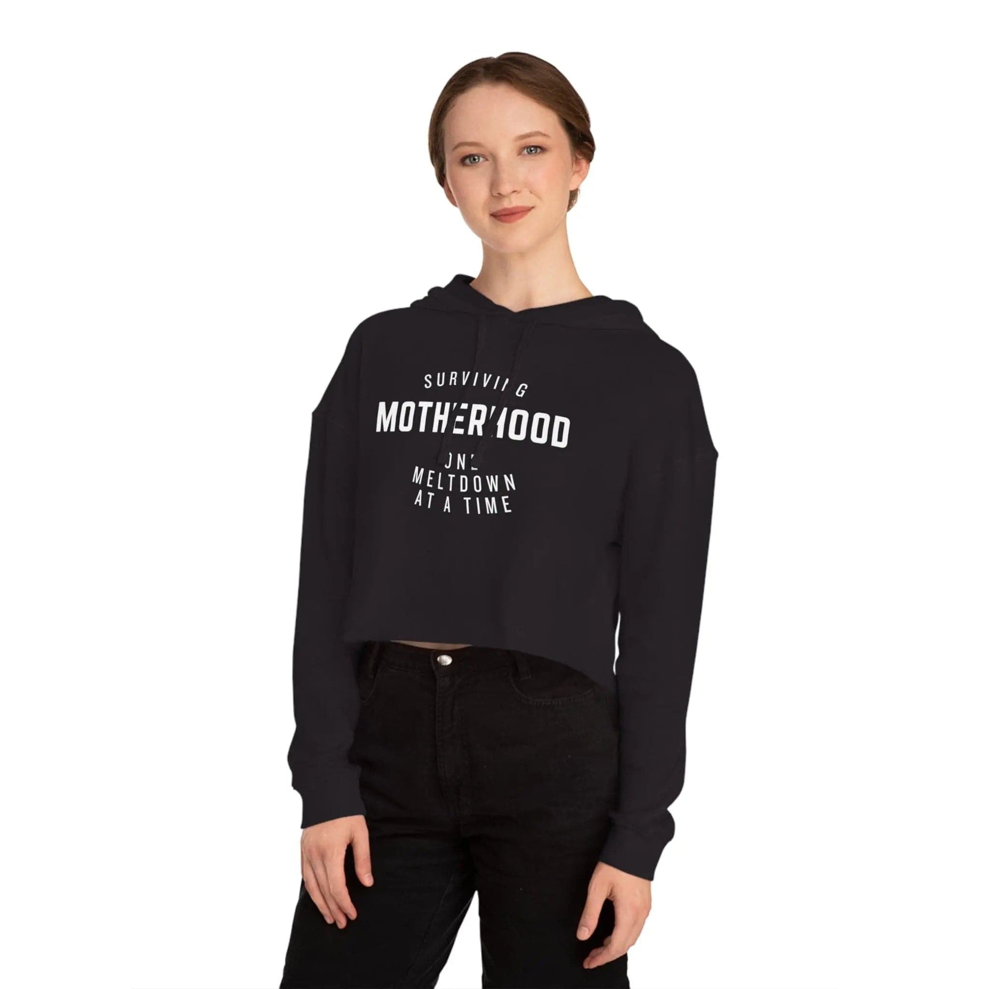 AnchorFinds.com Hoodie Black / XS Surviving Motherhood Meltdown Women’s Cropped Hooded Sweatshirt