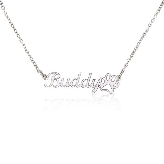AnchorFinds.com Jewelry Polished Stainless Steel / Standard Box Paw Print Name Necklace Personalized