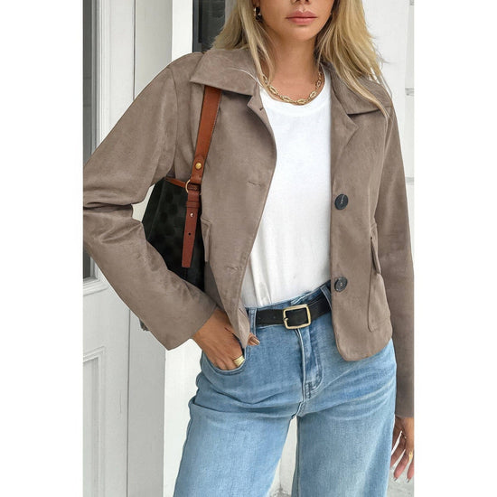 AnchorFinds.com Khaki / S Solid Suit Lapel Faux Suede Leather Jacket