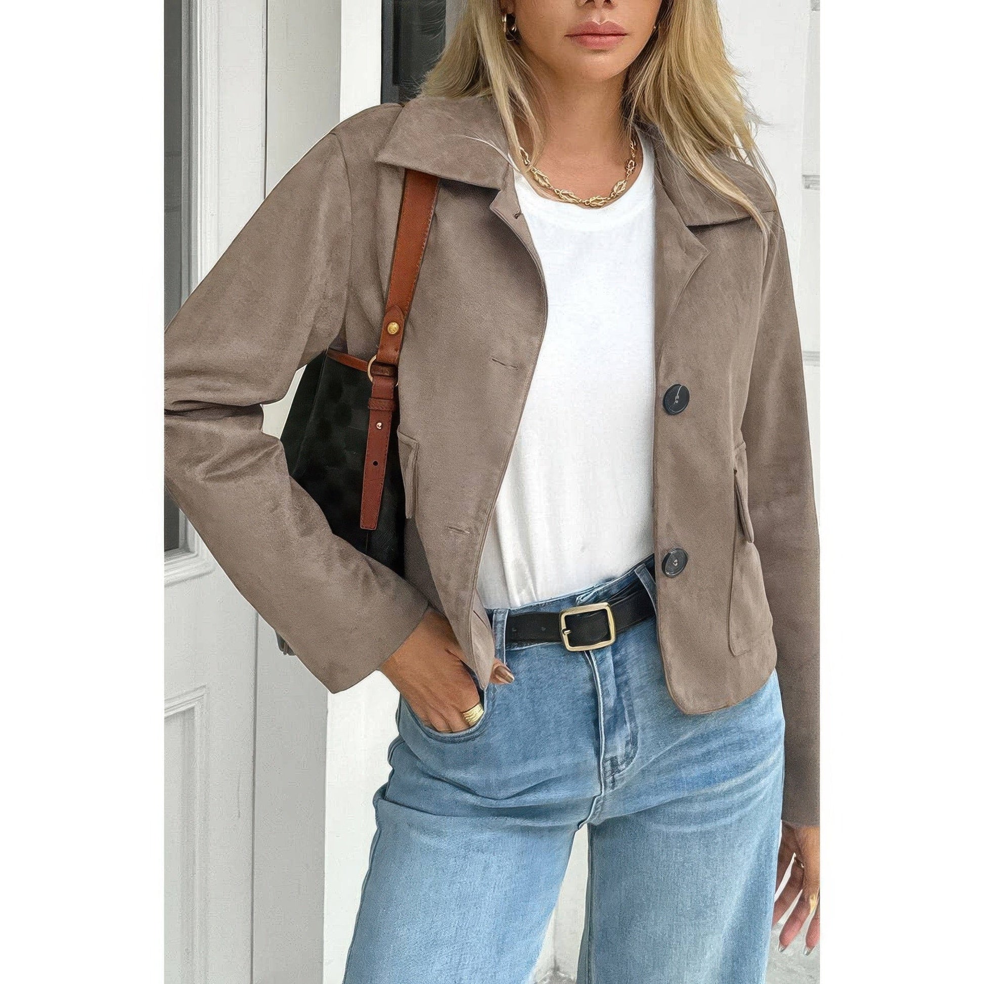 AnchorFinds.com Khaki / S Solid Suit Lapel Faux Suede Leather Jacket