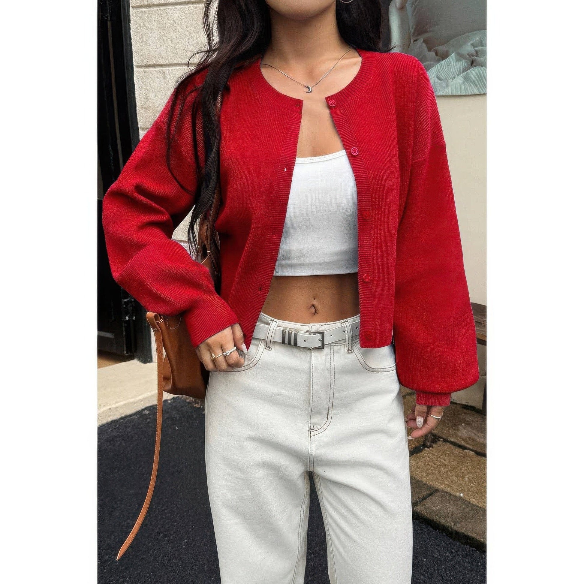 AnchorFinds.com Knit Solid Round Neck Button Down Cardigan