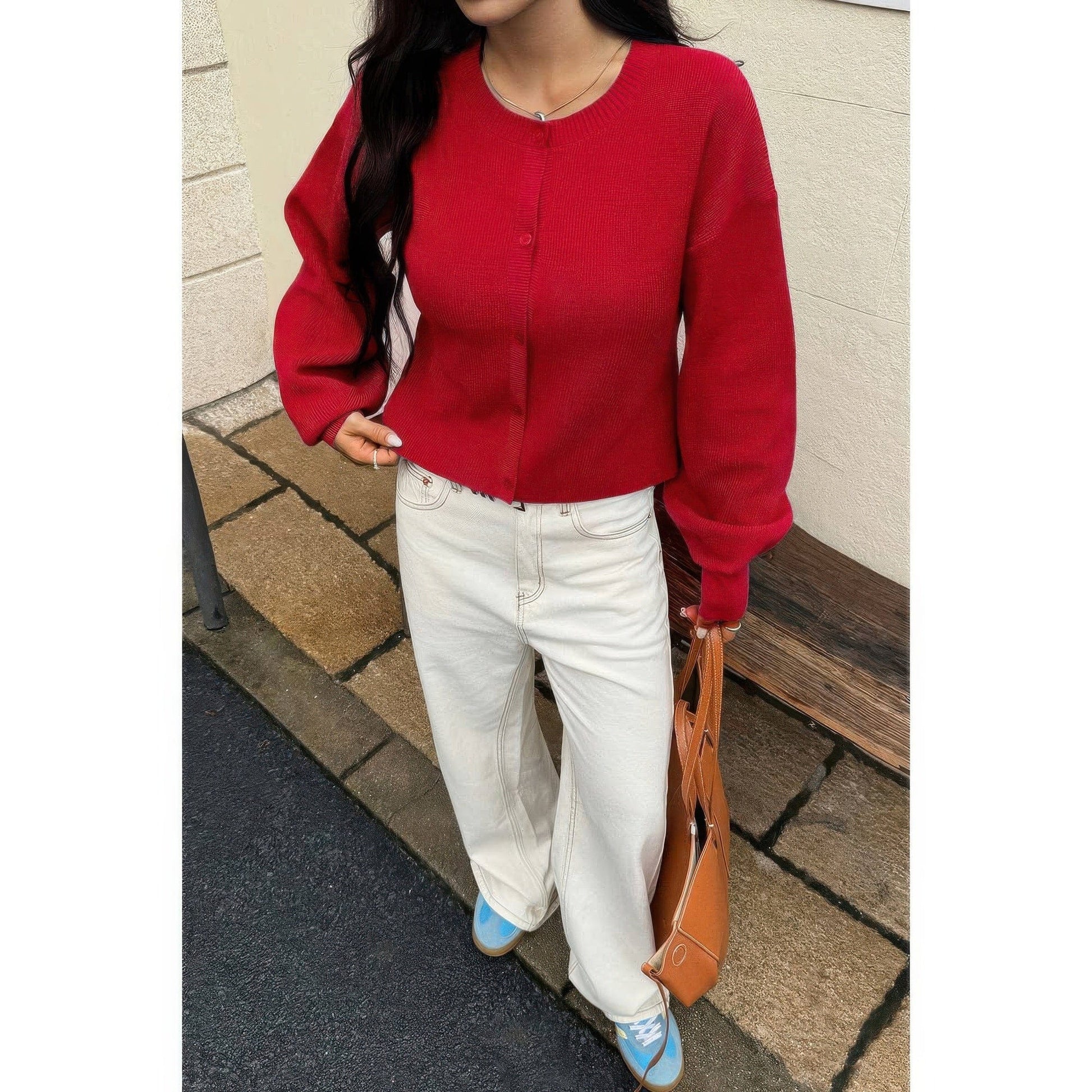 AnchorFinds.com Knit Solid Round Neck Button Down Cardigan