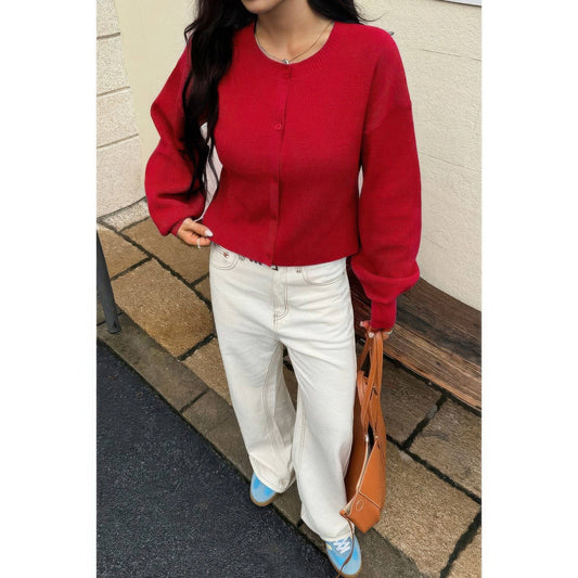 AnchorFinds.com Knit Solid Round Neck Button Down Cardigan