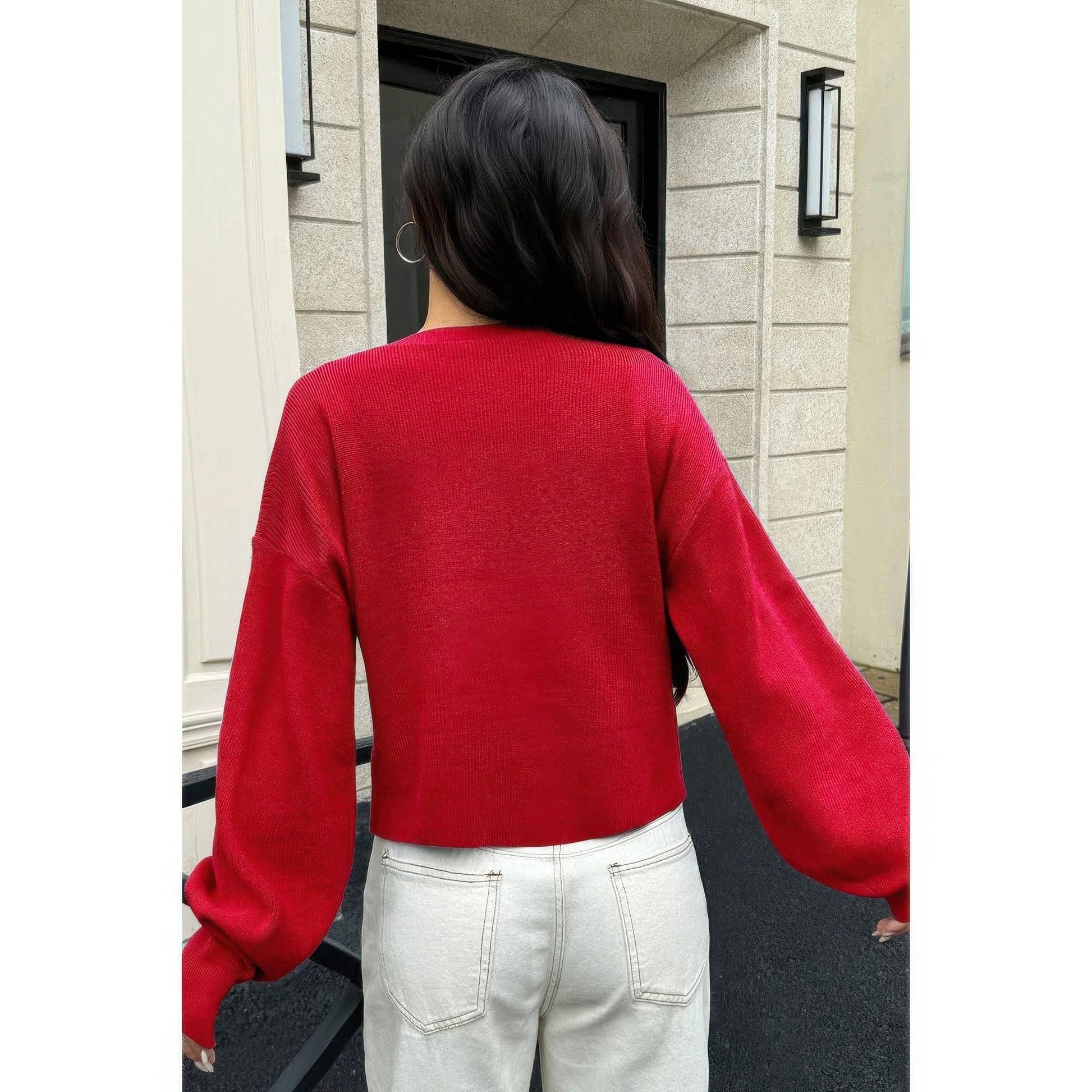 AnchorFinds.com Red / S Knit Solid Round Neck Button Down Cardigan